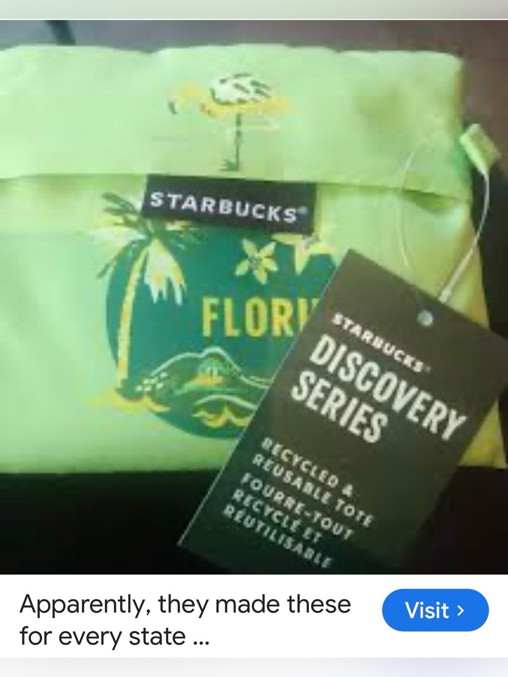 #2976*Unisex’s Starbucks Green Florida Reusable Tote - Discovery Series